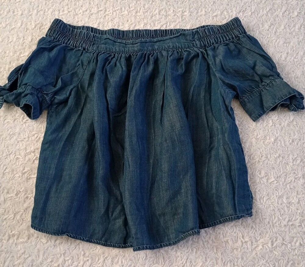 Forever 21 Denim Crop Top Off Shoulder Blue Denim Boho  Sz M
